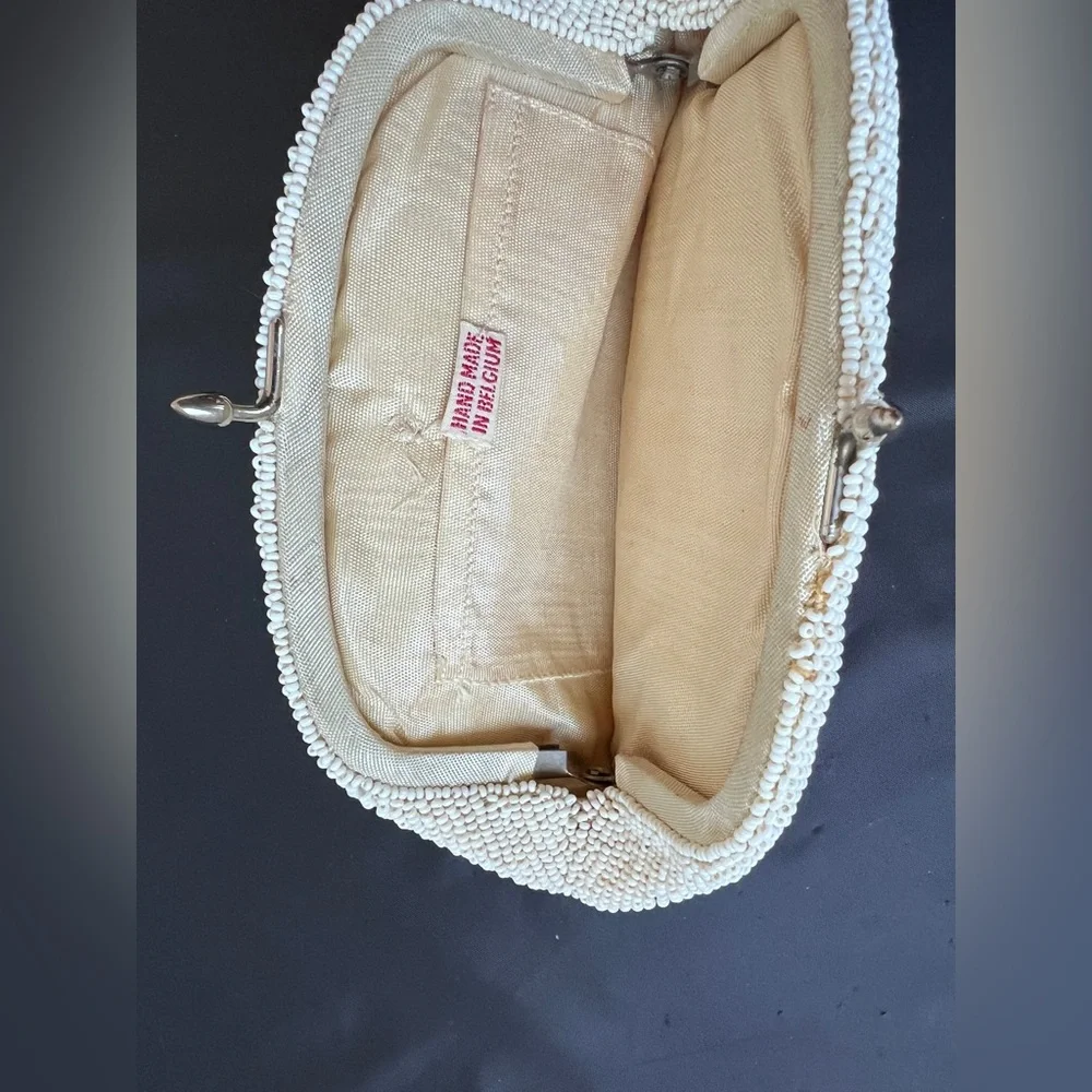 Vintage Beaded Finger Clutch Belt Bag Cream Floral Hand Made in Belgium 1940s